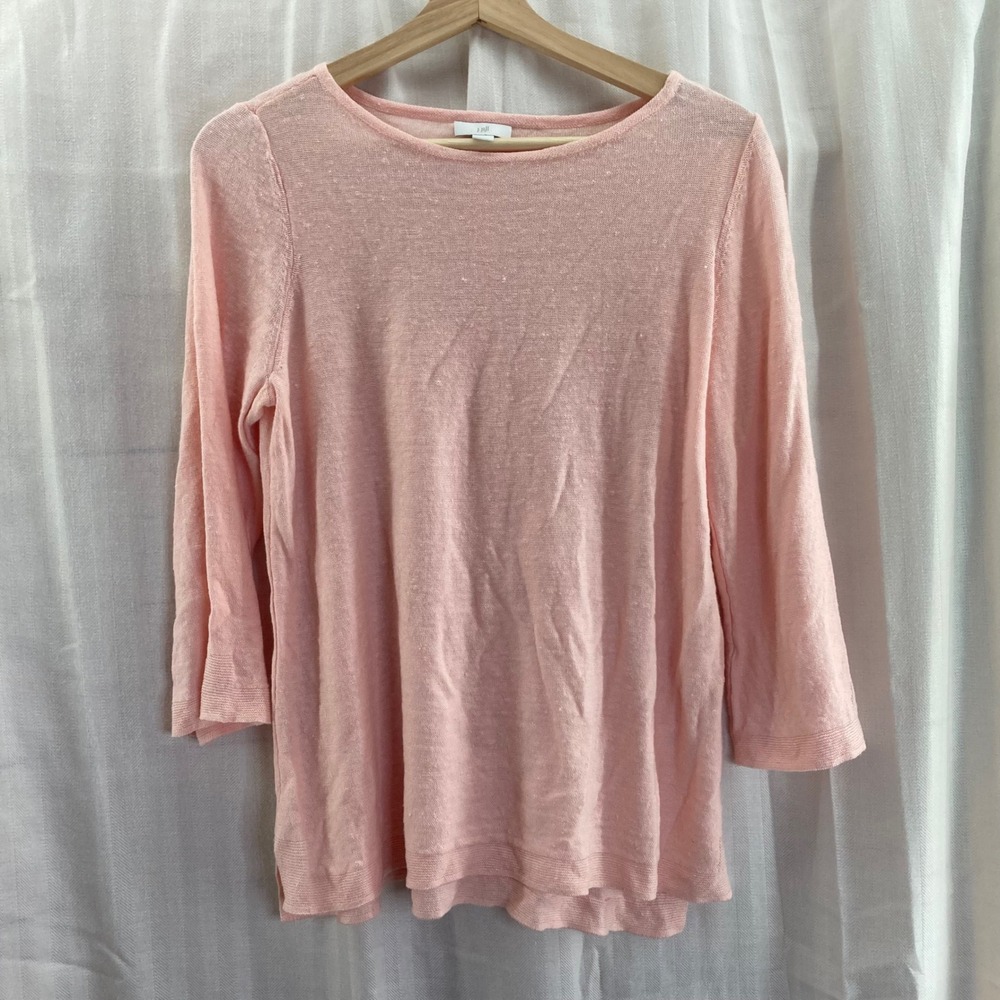 J Jill Womens Pink Linen Blend 3/4 Sleeve Tunic Top Knit Slit Hem Casual S